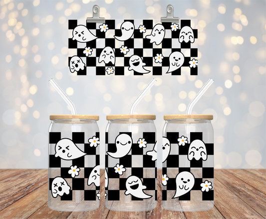 CHECKERED CUTE GHOSTS GLASS CUP