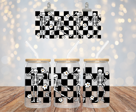 CHECKERED DANCING SKELETONS GLASS CUP